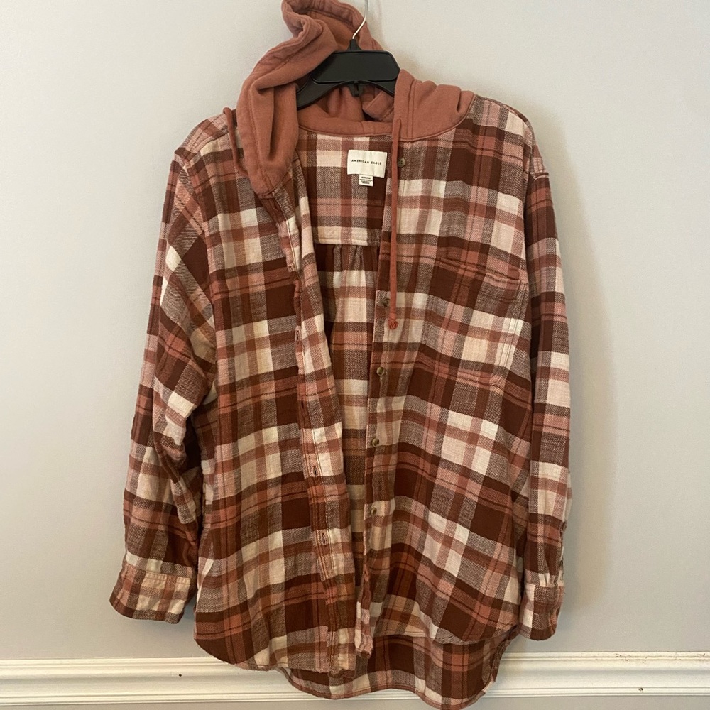 American Eagle brown fall colors plaid flannel long sleeve shirt with hoodie XL